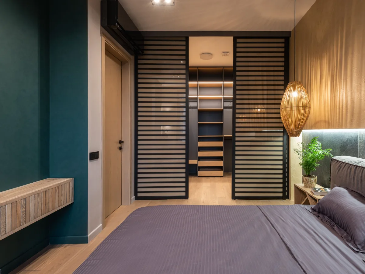 Contemporary bed and bamboo lighting