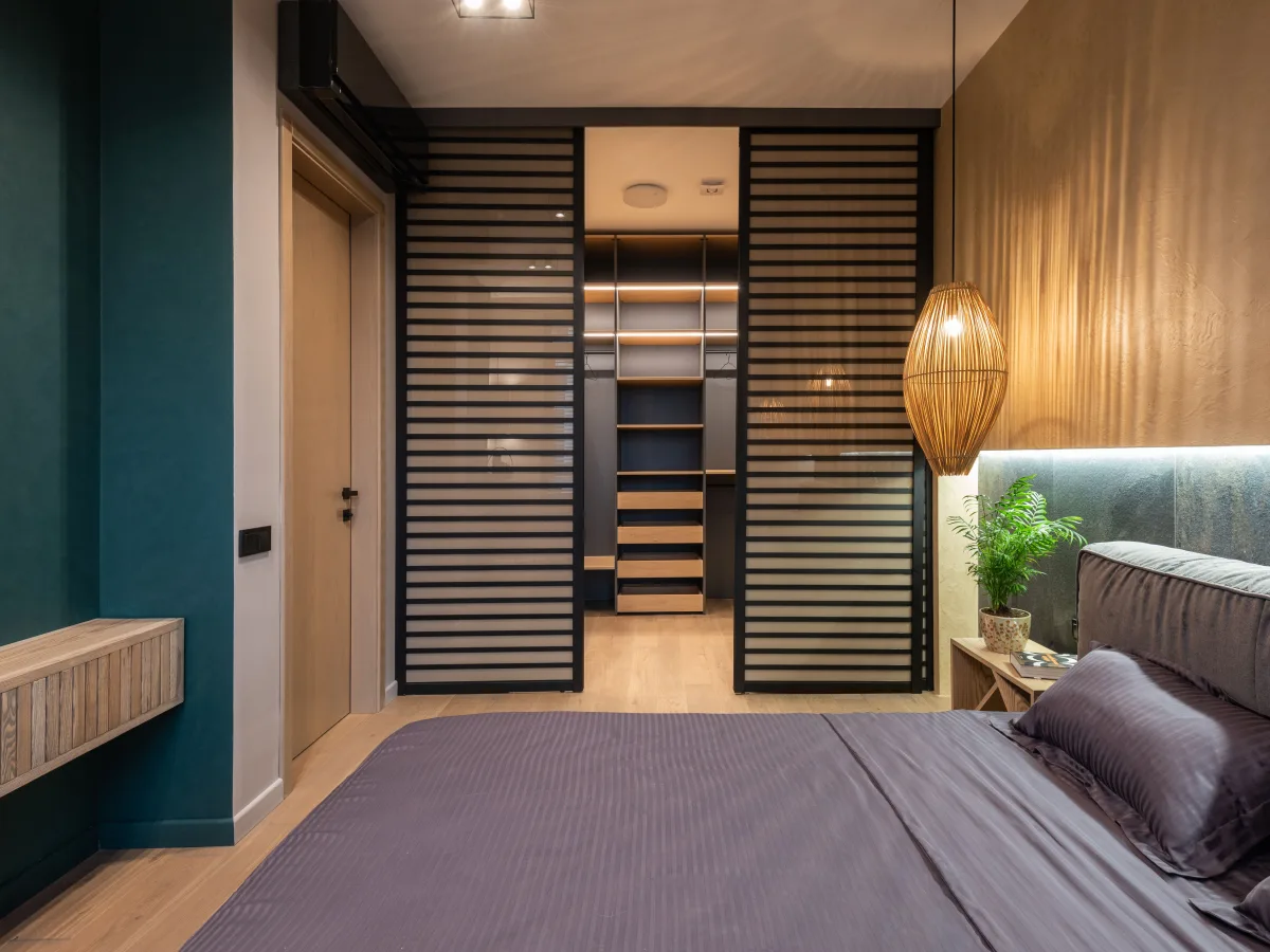 Built-in storage within a modern bedroom